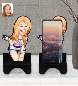 Resim Bk Gift Kişiye Özel Kadın Karikatürlü Ahşap Biblo Telefon Standı-36 