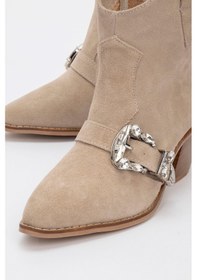 Resim Luvi Shoes Any Bej Taşlı Hakiki Deri Süet Kadın Topuklu Bot Bej Süet 