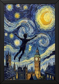Resim Peter Pan London Starry Night Print - Big Ben Van Gogh-Style Nursery Wall Art - With Hanger - Black / 8,3 x 11,7" (21x30) 