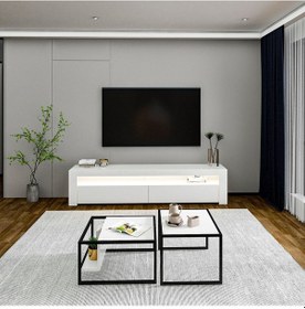 Resim Batı Led Işıklı Tv Sehpası Ve Modern İkili Orta Sehpa Set Beyaz 