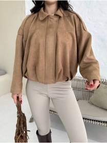 Resim buqre's moda Trend Oversize Kadın Bomber Süet Deri Ceket 
