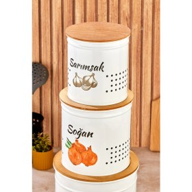Resim 3 Katlı Ahşap Kapaklı Metal Patates Soğan Kovası - Sebzelik - Patates Soğanlık Sepeti Krem 