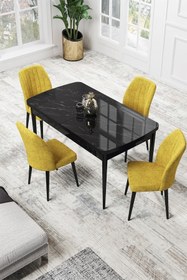 Resim Canisa Par Serisi 70x114, Açılabilir Mdf Yemek Masası Siyah Mermer Desen Masa Ve 4 Hardal Sandalye Takımı 