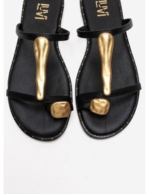 Resim Luvishoes Tessa Siyah Hakiki Deri Gold Tokalı Kadın Parmak Arası Terlik 