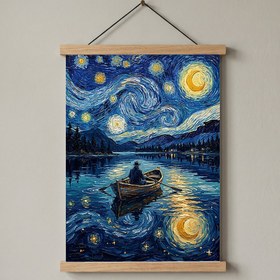 Resim Moonlit Lake Rowboat Print - Van Gogh-Style Night Fishing Cabin Wall Art - With Hanger - Wood / 24 x 36" (60x90 cm) 