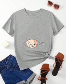 Resim Hamile Gebe T-shirt Bebek Fermuar Baskılı - Gri Bisiklet Yaka Oversize Tişört 