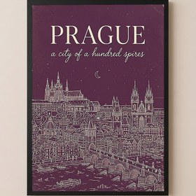 Resim Prague Line Art Print - Plum Castle Charles Bridge Skyline Wall Art - Wooden Frame - Black / 16 x 20" (40x50 cm) 