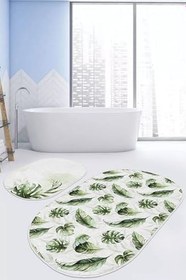 Resim RealHomes Beyaz Zemin Yeşil Tropik Yaprak Motifli 2'li Oval Kaymaz Tabanlı Banyo & Mutfak Paspas Takımı, PaspasTakimiElips-2li-Set310 