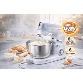 Resim ATLT ATLANTİS 1200W 8 LİTRE HAMUR YOĞURMA MAKİNESİ 6 KADEMELİ 3 APARATLI STAND PASLANMAZ ÇELİK MIXER HM-8087 