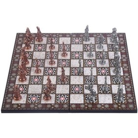 Resim Büyük Boy Metal Osmanlı Bizans Satranç Takımı Antik Ve Katlanır Sedef Desenli Mdf Ahşap Satranç Tahta 43x43 Cm. 