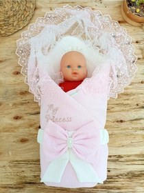 Resim Unisex Bebek Kundağı & Battaniyesi - Ekru & Dantelli Hastane Çıkışı & Mevlütlük - %100 Pamuklu Pembe 