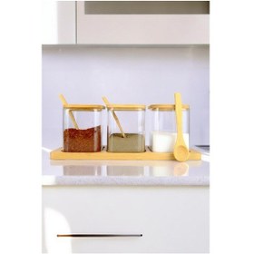 Resim Digithome 3 Lü Borosilikat İnce Cam Ve Ahşap Standlı Baharatlık Kavanoz Takımı Seti Kahverengi F/3 C1-1-289 