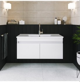 Resim Banos Ld3 Ayaksız 2 Kapaklı Lavabolu Beyaz 100 Cm Banyo Dolabı Beyaz 