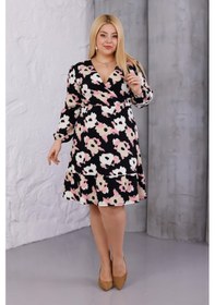 Resim Kadın Siyah Pembe Çiçek Desen Kruvaze Yaka Esnek Bel Büyük Beden Elbise Siyah - Sarı 