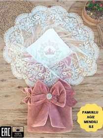 Resim Kadife Kız Bebek Battaniyesi Dantelli Kundak Hastane Çıkışı Yenidoğan %100 Doğal Pamuktan Hediyelik Gülkurusu 