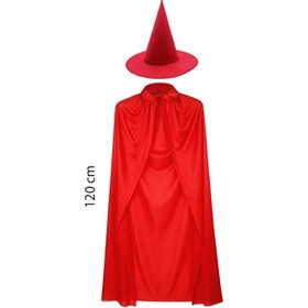 Resim Yetişkin Boy Kırmızı Yakalı Pelerin ve Kırmızı Cadı Şapkası 