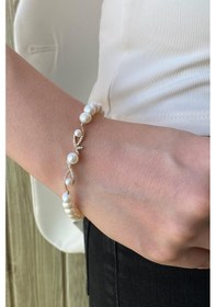Resim 6,5 Mm Yaprak Taşlı Doğal İncili Bileklik 21 Cm / Beyaz Beyaz Beyaz Altın 
