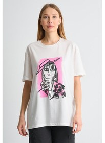 Resim Alexandergardı Baskılı Bisiklet Yaka Kadın T-shirt Ekru 