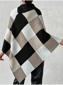 Resim 02Lady Fashion kadın kare desenli yakalı üçgen triko panço 