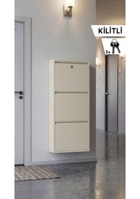 Resim Kilitli Üçlü Metal Ayakkabılık Bej Yedek Anahtarlı Bej 