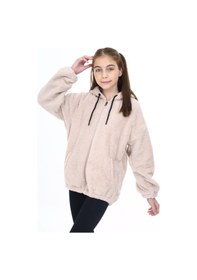 Resim Toontoy Kız Çocuk Kapüşonlu Fermuarlı Cepli Reglan Kol Peluş Hırka Bej 