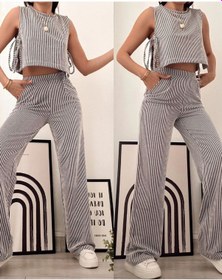 Resim Hgfashion Siyah Çizgili Yandan Bağlamalı Sıfır Kol Crop Pantolon Kadın Alt-üst Takımı Siyah Beyaz 