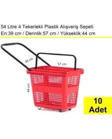 Resim Akdenizpos Tekerlekli Plastik Market Alışveriş El Sepeti 54 Litre Kırmızı 10 Adet 