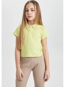 Resim DeFacto Kız Çocuk Slim Fit Dar Kesim Polo Yaka Basic Düz Fitilli Kaşkorse Kısa Kollu Tişört Z7794A624SMGN664 