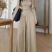 Resim Kadınlar İçin Şık 3 Parça Eşofman Takımı - Bej Geniş Paça Pantolon, Smock Üst & Drape Yaka Kazak | Yumuşak ve Sıcak Kışlık Kıyafet | Makinede Yıkanabilir Yapılı Kesim Günlük ve Yarı Resmi Etkinlikler İçin 