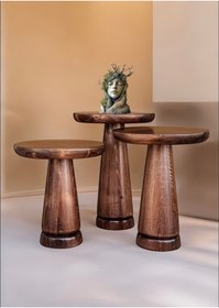 Resim AYLESA Ahşap 3’lü Set Mantar Yan Sehpa Modern Ceviz Renk Fiskos Zigon Çiçeklik 