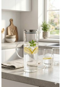 Resim 1200 Ml Borosilikat Isıya Dayanıklı Cam Sürahi Metal Kapaklı Modern Su Karafı 23 Cm X 9 Cm 