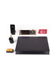 Resim Redora Türk Bayrağı Biblolu Siyah Deri Sümen Seti İsme Özel Ofis Masa İsimliği Masaüstü İsimlik Seti 