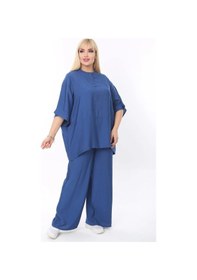 Resim Mia Butik Büyük Beden Mavi Yuvarlak Yaka Salaş Takım Mavi 