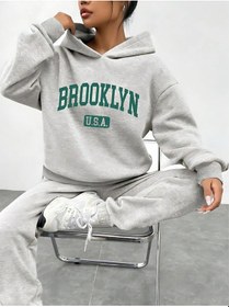 Resim Brooklyn Usa Kalın Kışlık Eşofman Takımı - Gri Sweatshirt Jogger Oversize Kapüşonlu Gri 