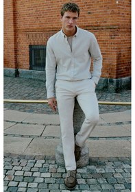 Resim Erkek Bej Beyaz %100 Pamuk Slim Fit Dar Kesim Düğmeli Yaka Çizgili Gömlek Bej Beyaz 