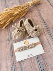 Resim seraskids El Örgüsü Bej Kız Bebek Patik ve Bandana Takım 