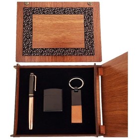 Resim Ahşap Kutulu Bakır Roller Kalem Taba Renk Anahtarlık Ve Çakmak Set - Net8262-8325 