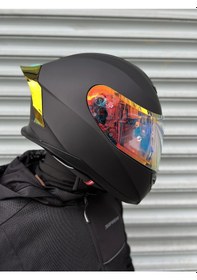 Resim Rivox R1 Mat Siyah Revo Kapalı Kask Gold Vizörlü Mat Siyah 