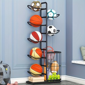 Resim 1 Adet Basketbol Depolama Rafı, Voleybol ve Badminton Raketi Çocukların Halkası Fitness Ekipman Organizatörü Spor Malzemesi Saklama Rafları İçin Ev Top Standı 