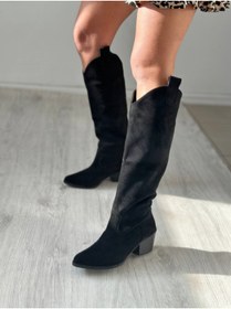 Resim Favi Ayakkabı Siyah Süet Dizaltı Fermuarsız Western Tarzı Günlük Kadın Çizme 
