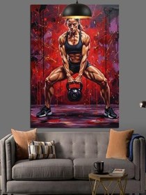 Resim Kettlebell Kaldıran Kadın Sporcu Dekoratif Kanvas - Mdf Ahşap Tablo 