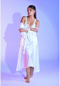 Resim Violetta Secrets Ekru Çiçek Dantelli Saten Uzun Gecelik Ve Sabahlık Takımı Ekru 