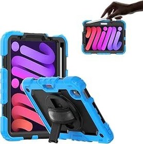Resim iPad Mini 6 8,3 inç 2021 Model Kılıf Çocuklar için Ekran Koruyuculu, Pc Silikon El Tipi Dönebilen Stand El Kayışı Koruyucu Kılıf, Çocuk Düşmeye Dayanıklı Kılıf (Açık Mavi) 