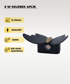 Resim 6w. Kelebek Aplik Çift Yönlü 3200k Sarı Işık Siyah 