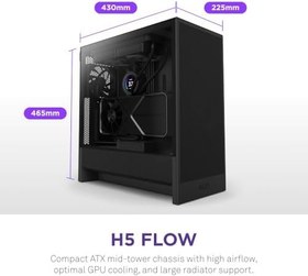 Resim NZXT H5 Flow 2024 - Kompakt ATX Mid-Tower PC Oyun Kasası - Yüksek Hava Akışı - 2 x 120 mm Fanlar Dahil - 360 mm Ön ve 240 mm Üst Radyatör Desteği - Kablo Yönetim Sistemi - Temperli Cam - Siyah 
