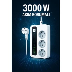 Resim P10 3x Priz 3000W Akım Korumalı 4x USB 2x Type-C Girişli Çoklu Priz 