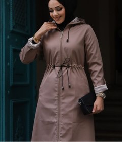 Resim Vibeys Moda Bej İçi Çizgili Ve Kapüşonlu Su Geçirmez Büyük Beden Kadın Trençkot 