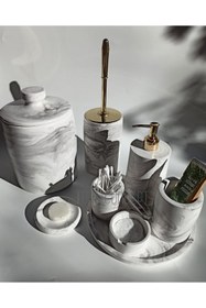 Resim Ture Concept Mermer Görünümlü Banyo Seti Çöp Kovası ,tuvalet Fırçası, Tepsi,sabunluk ,pamukluk, Cubukluk 