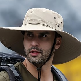 Resim Erkekler İçin Nefes Alabilir Geniş Kenarlı Güneş Şapkası, Ayarlanabilir Tokalı Kapatma, Düz Renkli, Polyester Olmayan Kumaşa Sahip Outdoor Yürüyüş ve Rekreasyon Şapkası 