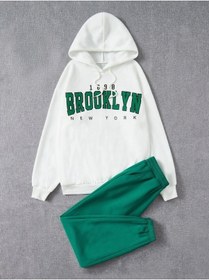 Resim 1898 Brooklyn Eşofman Takımı Beyaz Sweatshirt Yeşil Jogger - Baskılı Oversize Şardonlu Kapüşonlu Beyaz Yeşil 